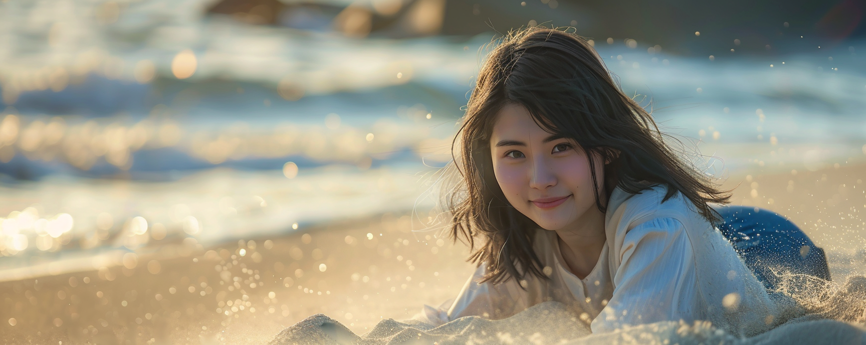 Japanese Teen Woman Playing in Sand, Smiling | 16k High-Resolution Photo